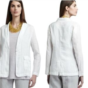 Eileen Fisher White Irish Linen One Button Blazer With Pockets Size L